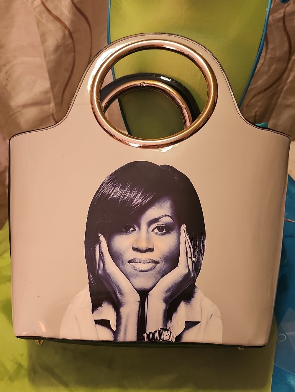 Ivory Patent Handle Tote Bag with Portrait Accent